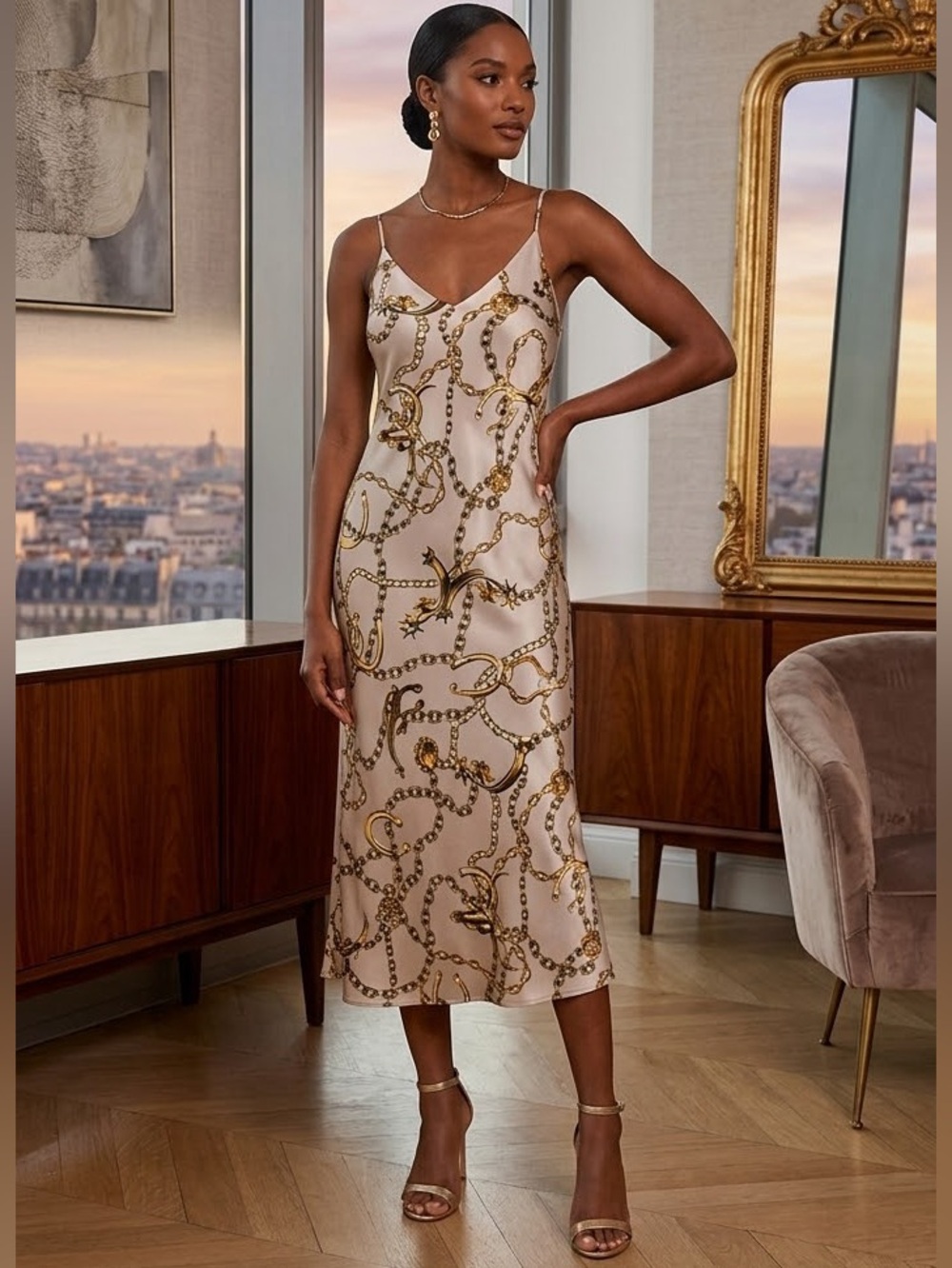 New L'AGENCE Long Horn Chain Seridie 100% Silk Slip Dress
